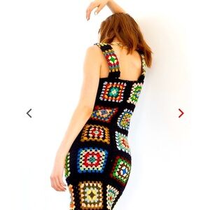 Black Crochet Granny Square Dress ,Handmade , Crochet Midi, Hippie, Colorful
